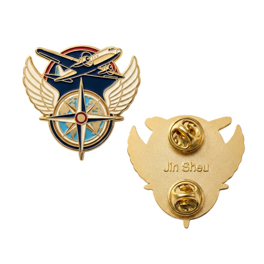 Customized pilot badges with aircraft and compass, premium custom pilot wings lapel pin