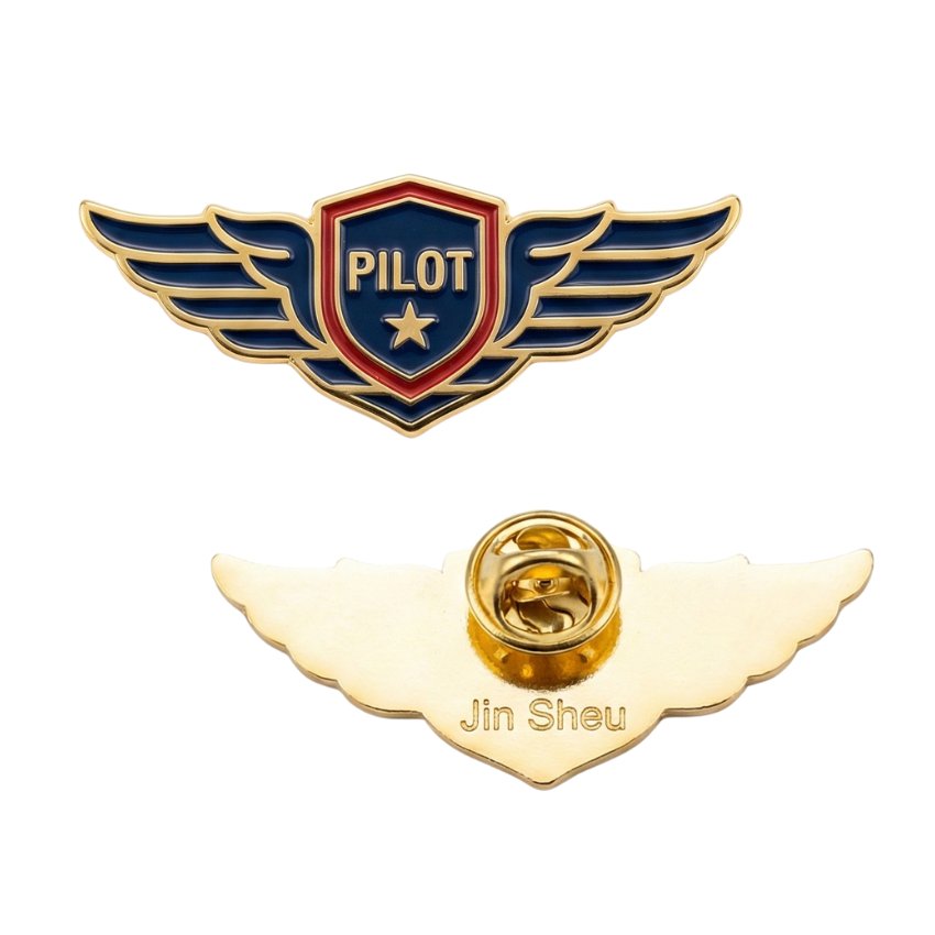 Personalized pilot wings lapel pin with shield logo, blue enamel custom aviation wings