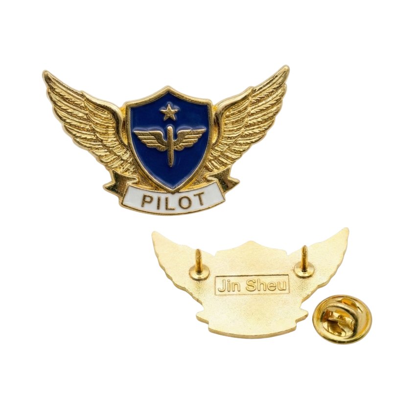 Custom aviator wings lapel pin with pilot emblem and banner, classic aviation wings badge