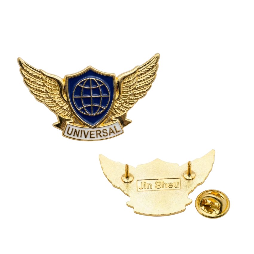 Custom aviation wings lapel pin with globe shield, personalized pilot wings badge