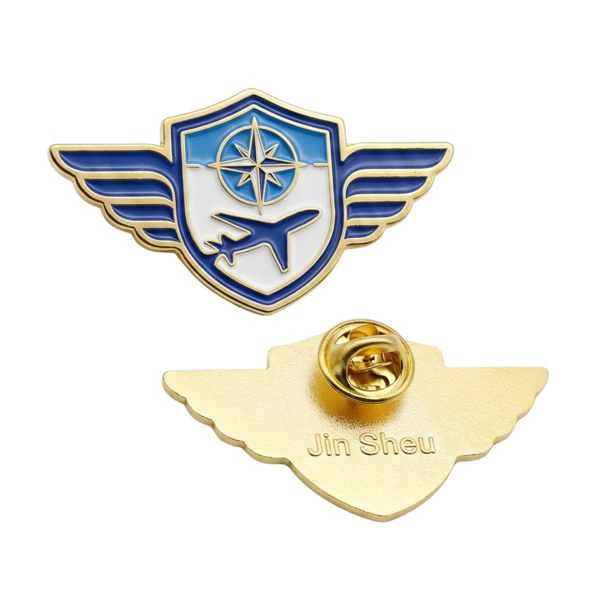 Custom pilot wings pin with airplane and compass icon, enamel personalized pilot wings lapel pin