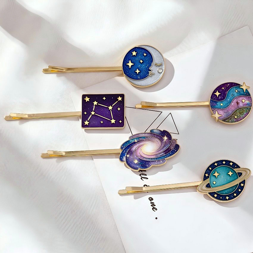 Space-themed custom enamel hair pins. Wholesale OEM hair pins and promotional hair pins.
