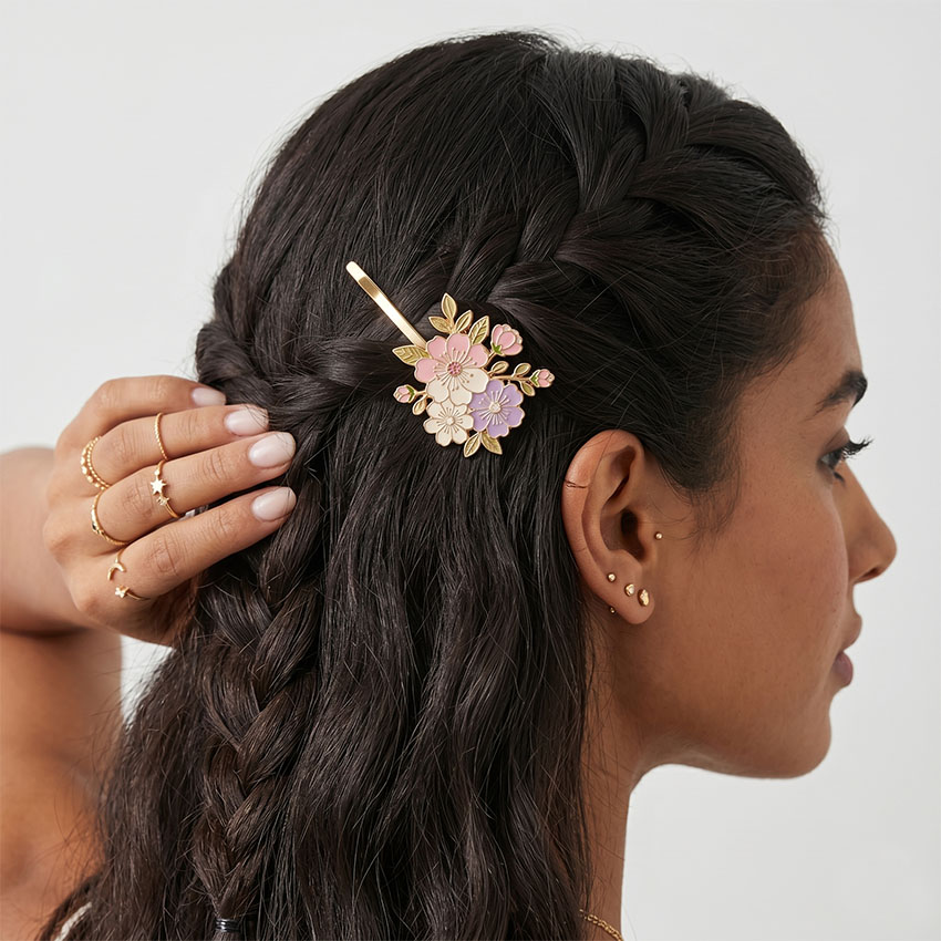 Model wearing a floral enamel hair pin in braided hair. Wholesale custom hair accessories supplier.