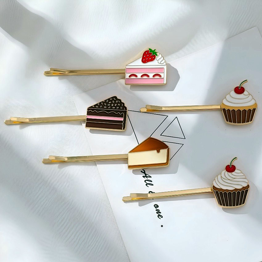 Sweet dessert and cake custom hair clips. Promotional hair pins and enamel hair accessories.