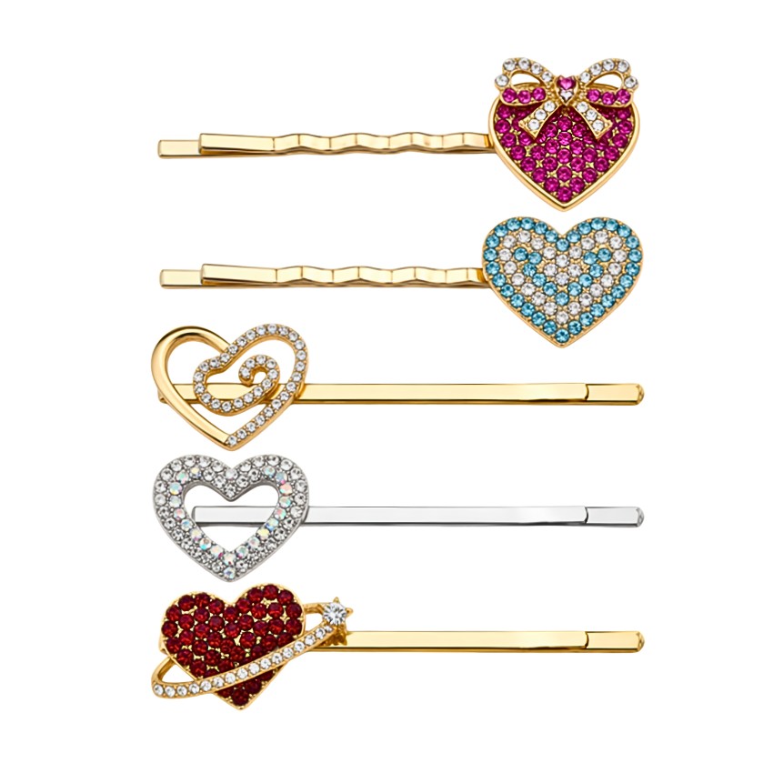 Rhinestone heart custom hair clips. B2B wholesale OEM hair pins and promotional hair pins.