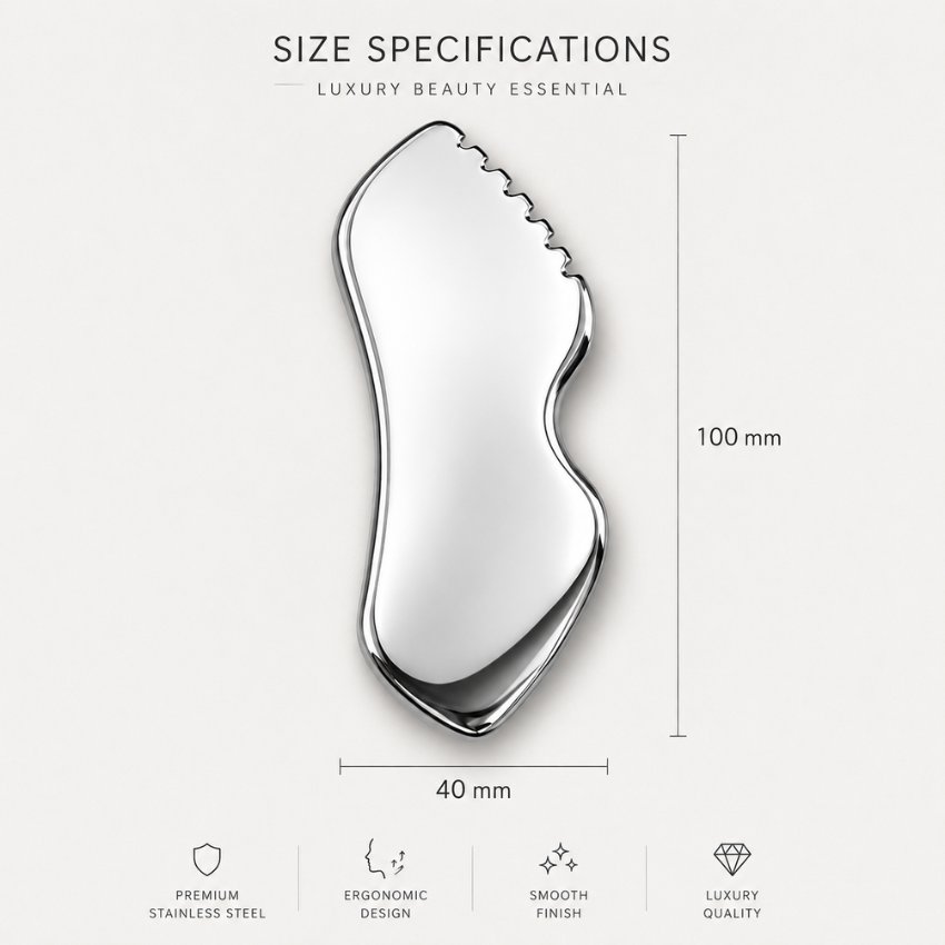 Premium stainless steel comb edge gua sha facial tool (100x40mm) for wholesale beauty suppliers.