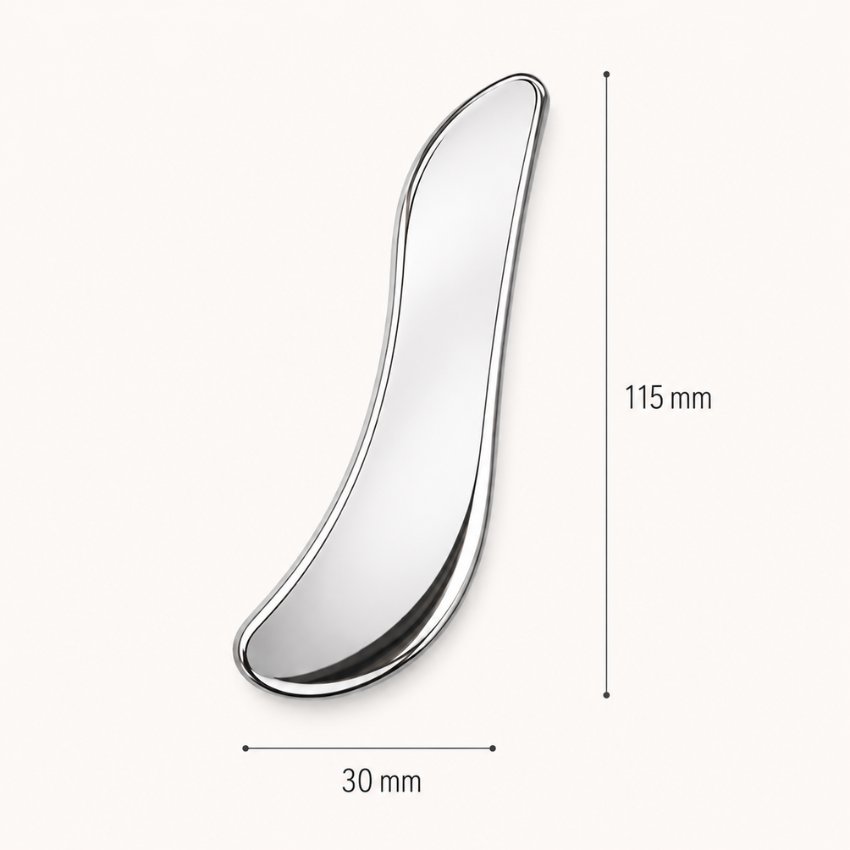Ergonomic S-curve stainless steel gua sha facial tool (115x30mm) for professional spa wholesale.