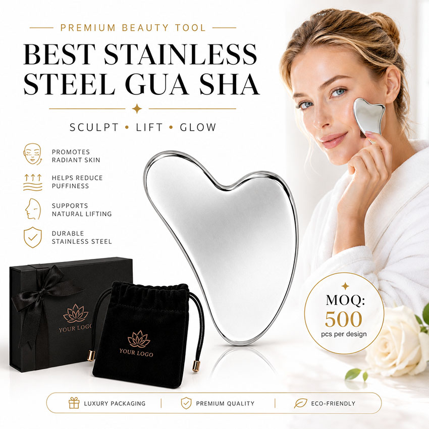 Premium stainless steel gua sha facial tool for B2B wholesale. Custom logo packaging, MOQ 500