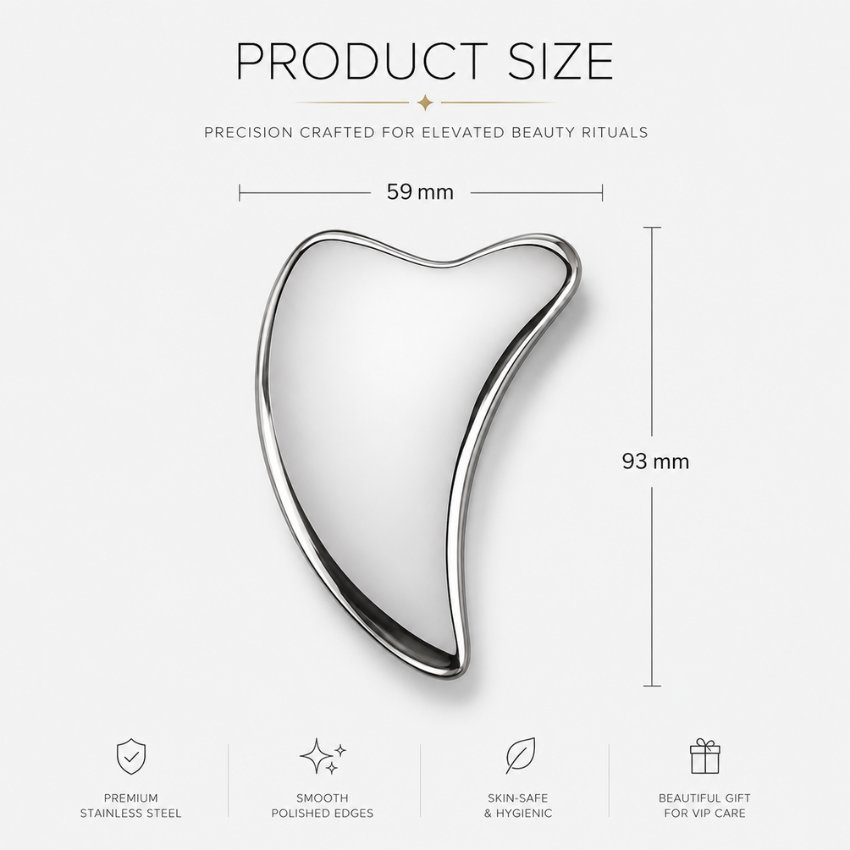 Wing-shaped stainless steel gua sha facial tool (93x59mm). Premium skincare tool for B2B wholesale.