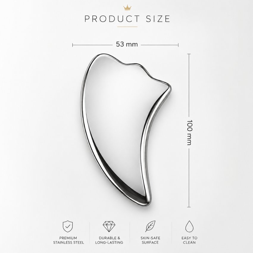 Crescent-shaped stainless steel gua sha facial tool (100x53mm). Durable massage tool for wholesale.