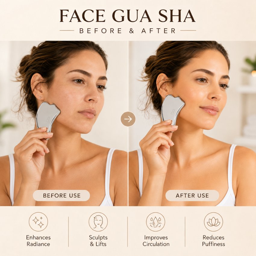 Before and after results using a stainless steel gua sha facial tool for lifting and reducing puffiness. B2B wholesale.