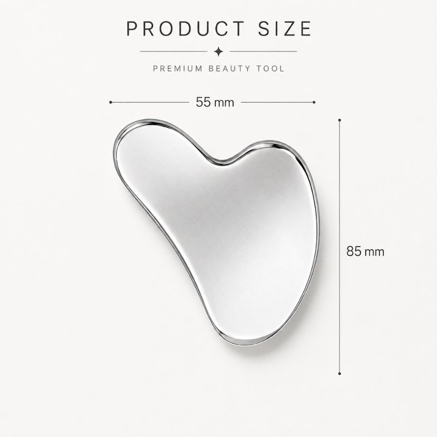 Heart-shaped stainless steel gua sha facial tool (85x55mm) for elevated beauty rituals wholesale.
