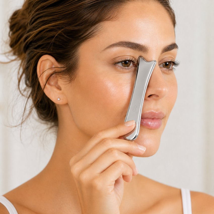 U-shaped stainless steel gua sha facial tool used for targeted eye and brow massage. Professional B2B skincare.