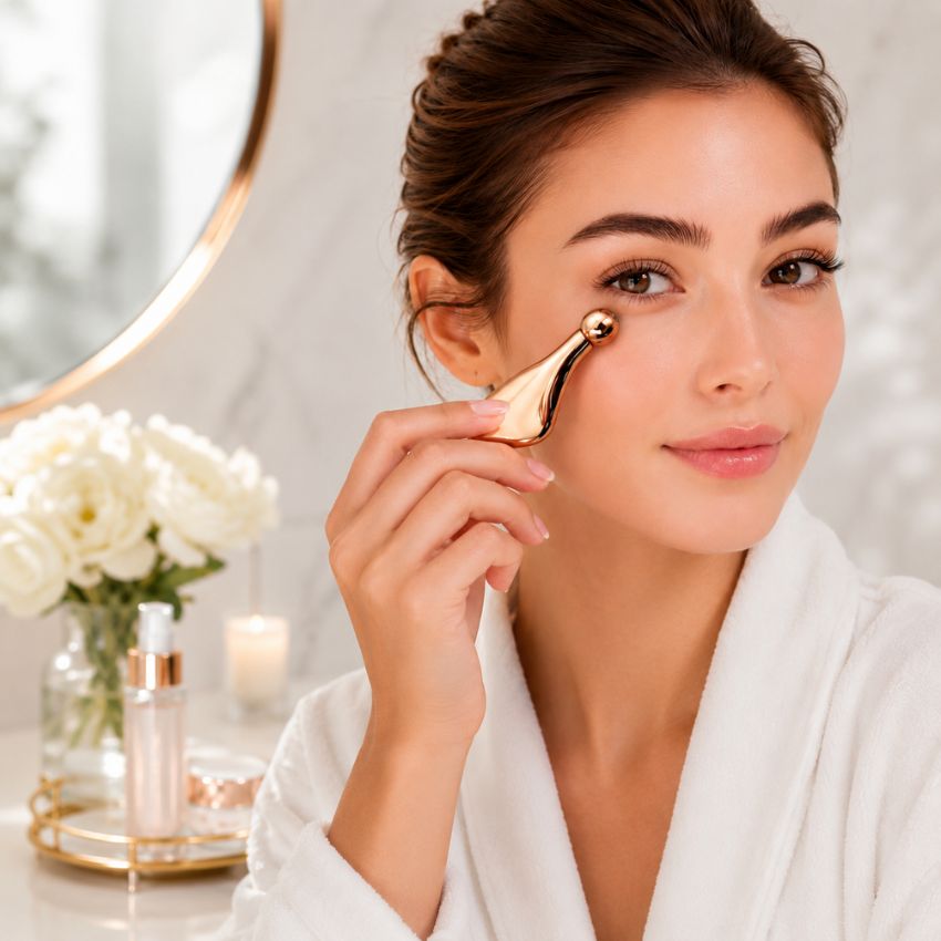 Model in a robe using the rose gold sculpted eye roller for a relaxing at-home skincare routine.
