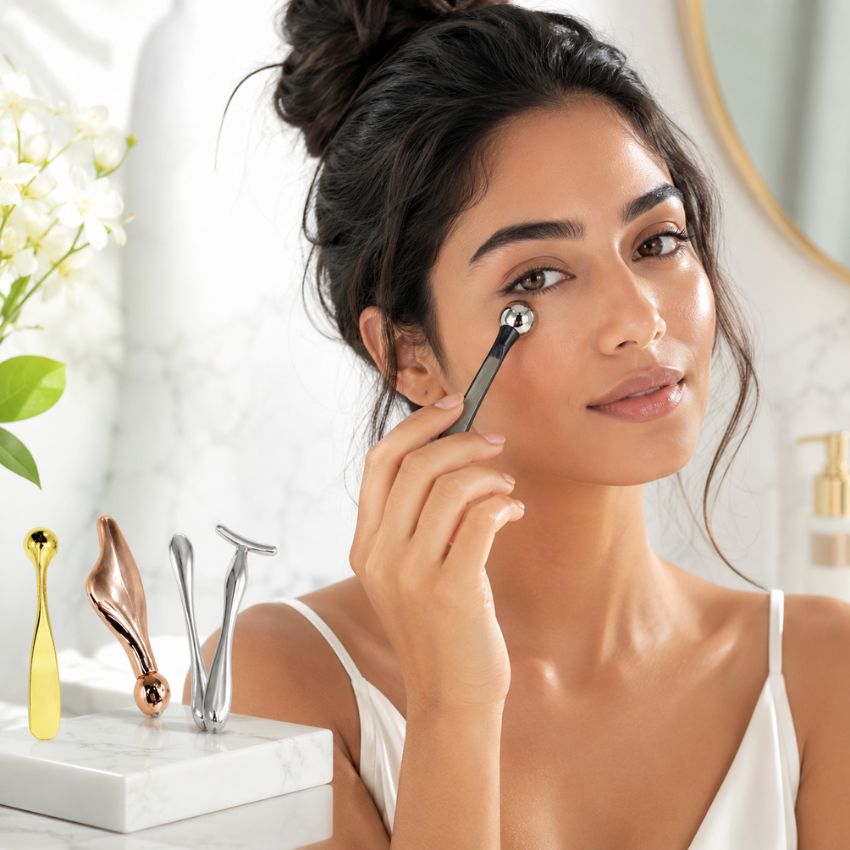 Professional demonstrating the two-tone eye roller; other professional-grade skincare tools on display.