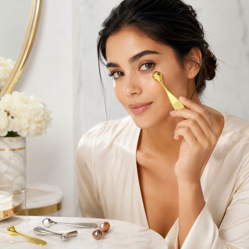 Aesthetician using the gold precision eye cream applicator for an anti-aging facial treatment.