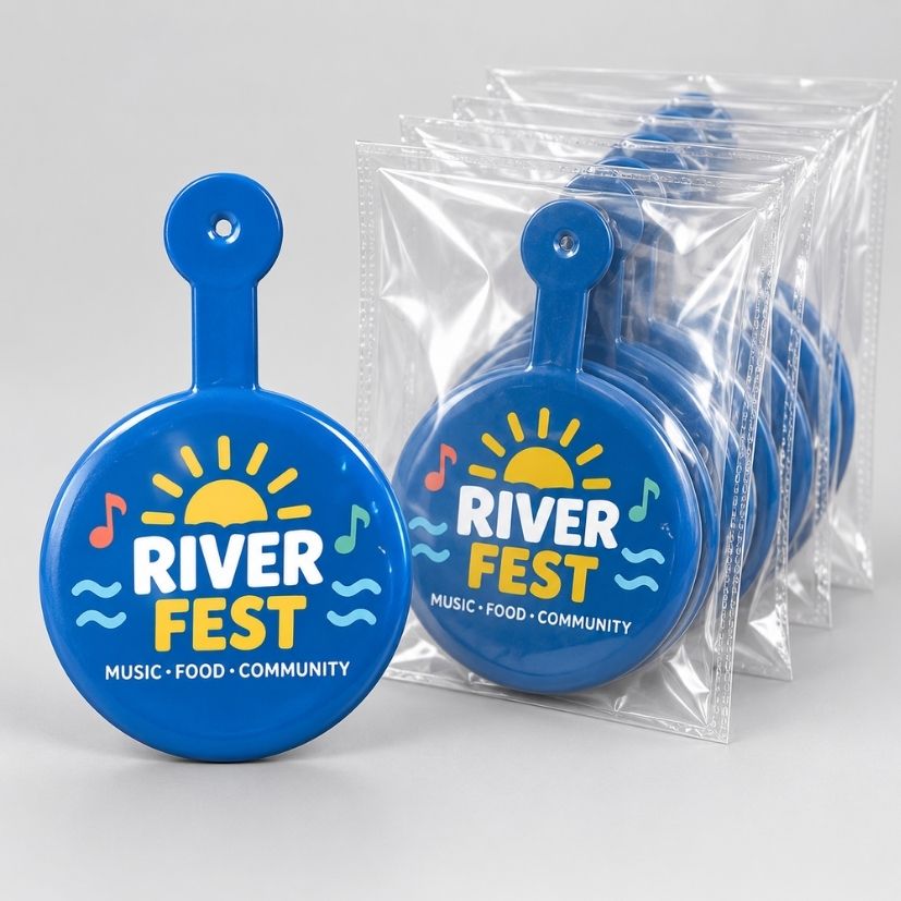 Bulk packaged custom printed blue River Fest event admission tab buttons in individual OPP bags for wholesale supply.