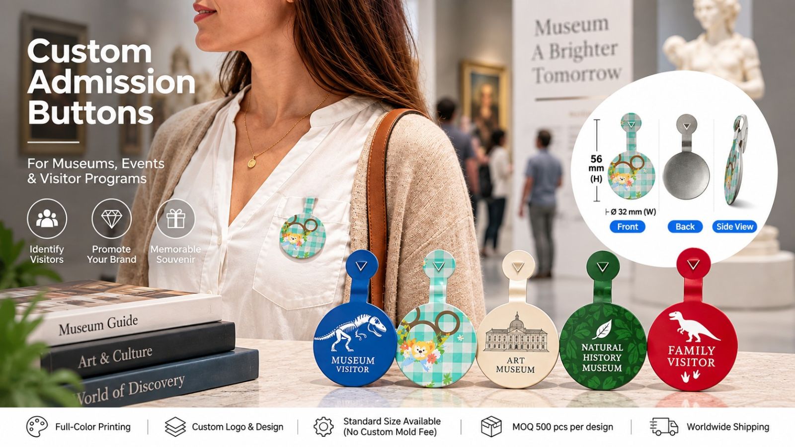 Custom Museum Admission Buttons & Event Visitor Badges Wholesale
