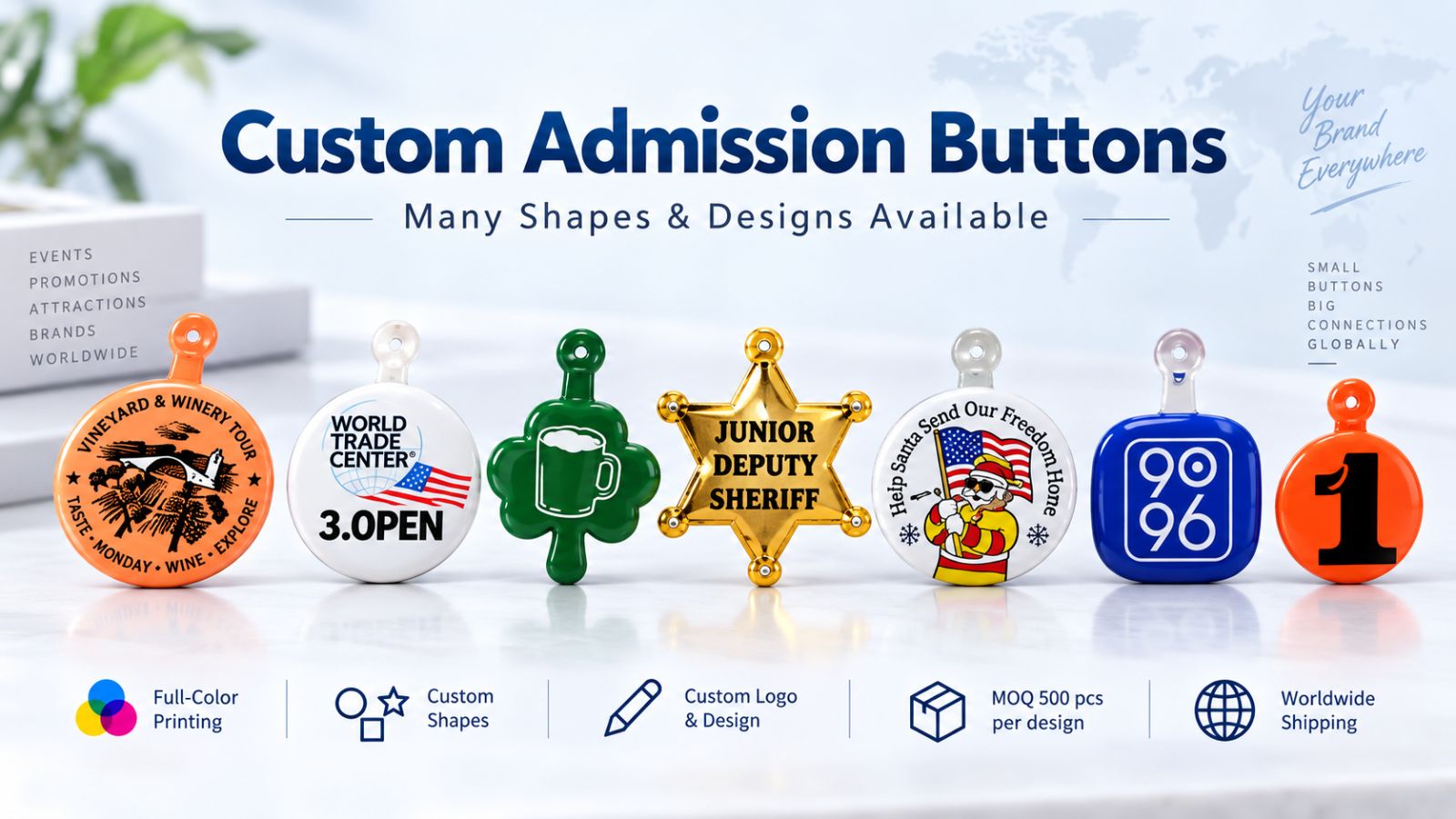 Custom Shaped Admission Buttons & Event Tab Badges Wholesale