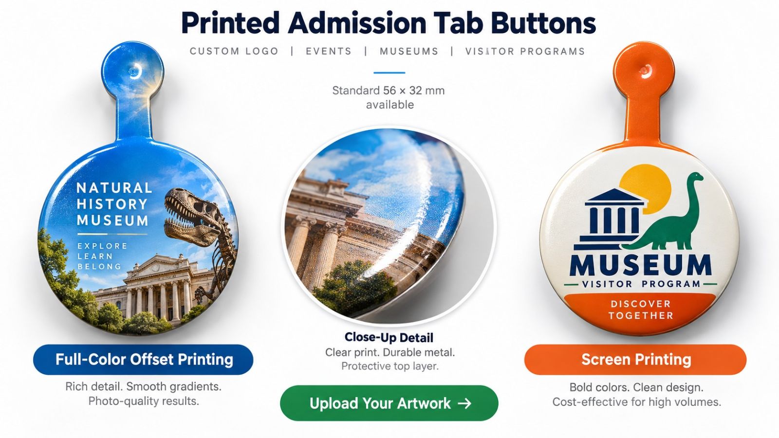 Custom Printed Admission Tab Buttons for Museums & Events
