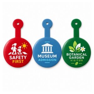 Three custom admission buttons with clips: Red for safety, Blue for museum, Green for botanical garden; ideal for visitor management.