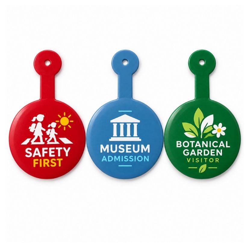 Three custom admission buttons with clips: Red for safety, Blue for museum, Green for botanical garden; ideal for visitor management.