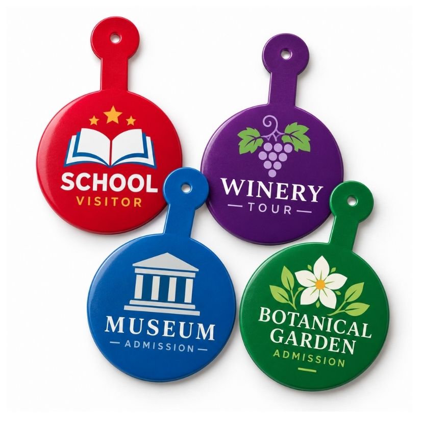 Custom printed admission buttons with clip tabs for school tours, wineries, museums, and botanical garden visitor entry.