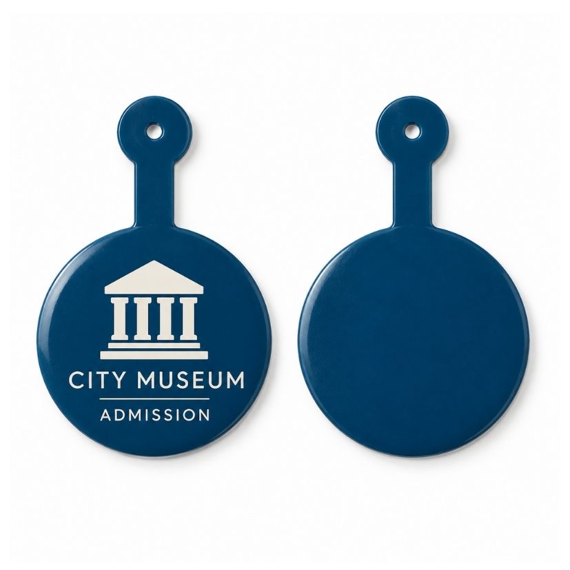 Front and back view of blue custom city museum admission button badge with integrated clip tab for visitor entry.