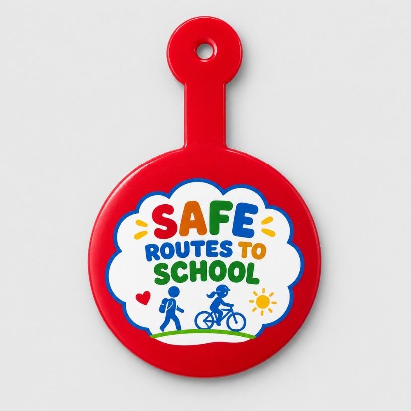 Red custom printed tab button badge for Safe Routes to School student awareness campaigns and walking events.