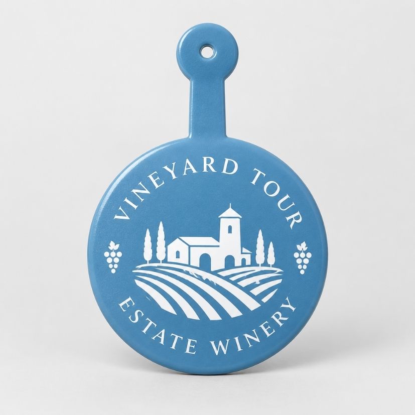 Light blue custom printed vineyard tour and winery estate admission tab button badge for visitor access control.