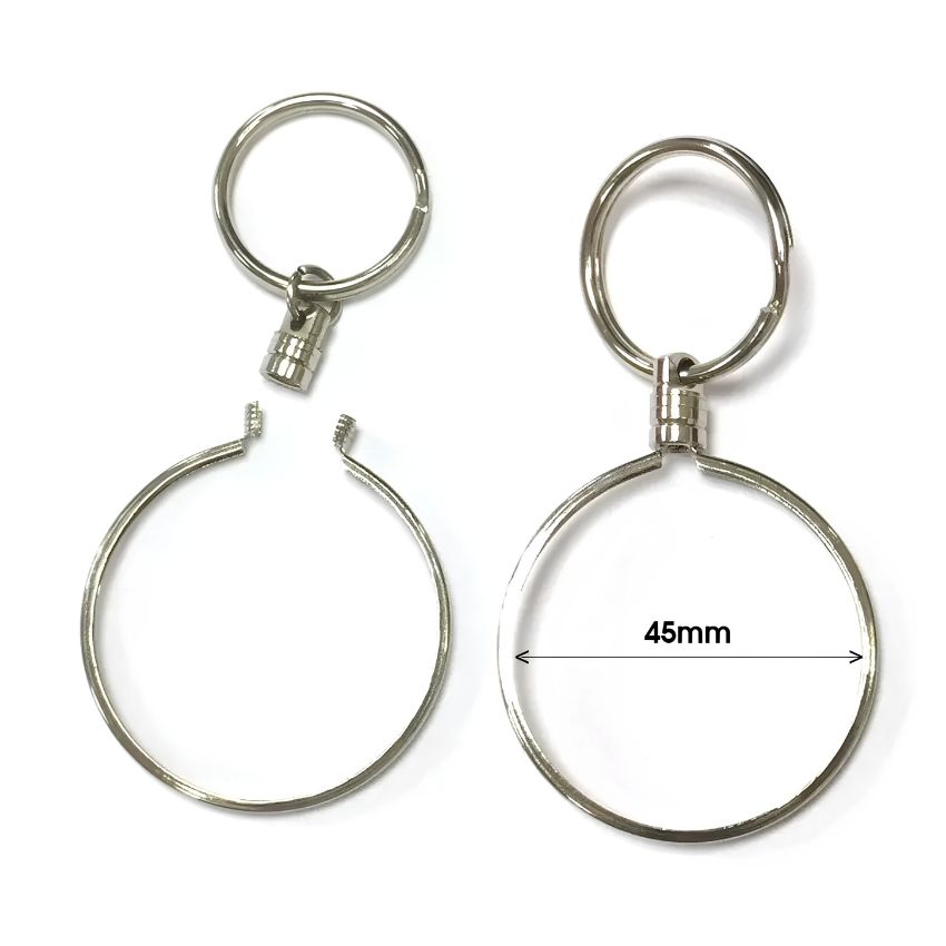 Custom 45 mm silver coin bezel keychain with open and closed screw-top components for easy challenge coin assembly.
