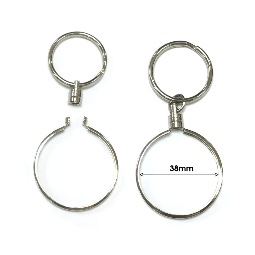 Custom 38 mm metal challenge coin bezel keychain frame illustrating the assembly and threaded connector mechanism.