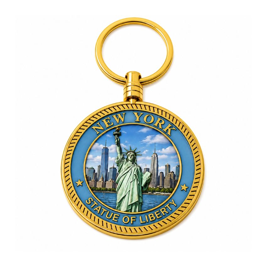 Premium gold-plated challenge coin keychain featuring a custom New York Statue of Liberty enamel souvenir insert.