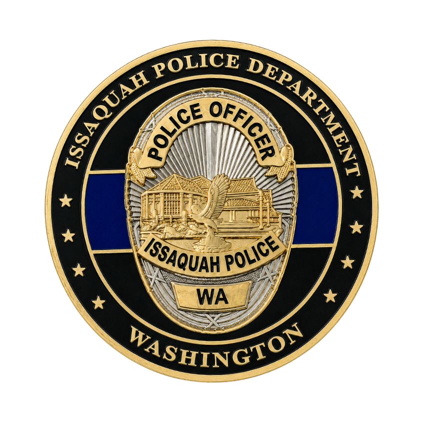 Custom Issaquah Police Department challenge coin with gold badge emblem and thin blue line background.