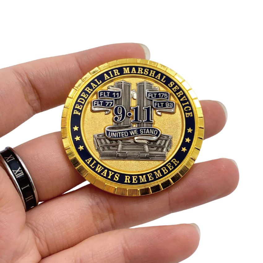 Close-up of a 9/11 remembrance custom metal coin showcasing precise promotional product craftsmanship.
