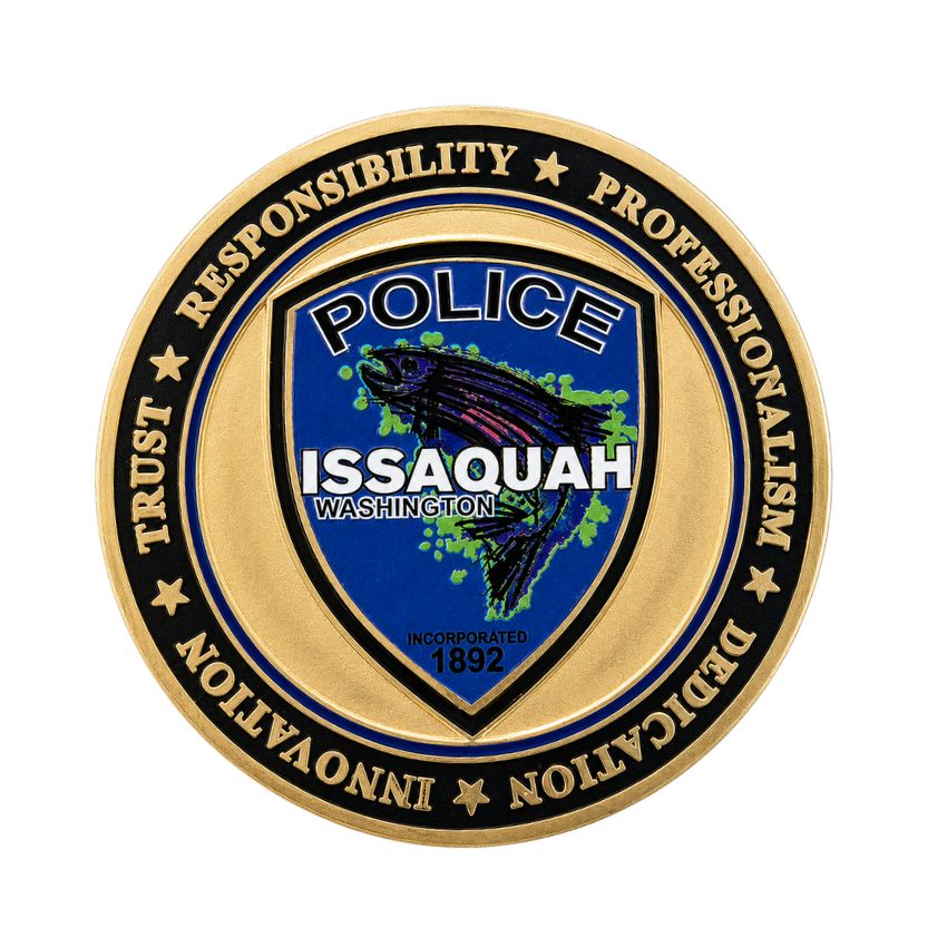 Personalized law enforcement challenge coin featuring Issaquah Washington police shield and core values.