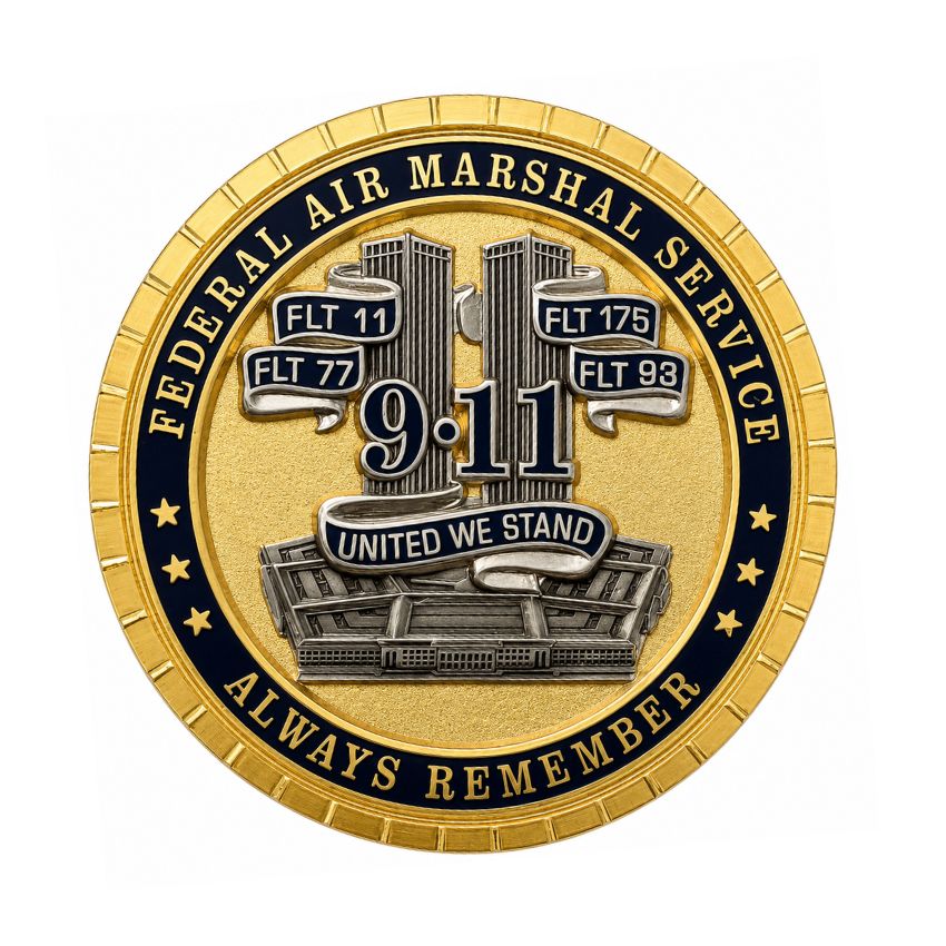 9/11 memorial custom military challenge coin with Twin Towers and United We Stand commemorative text.