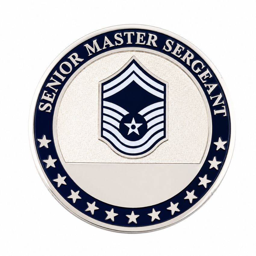 US Air Force Senior Master Sergeant custom rank coin with silver and blue enamel finish for military recognition.