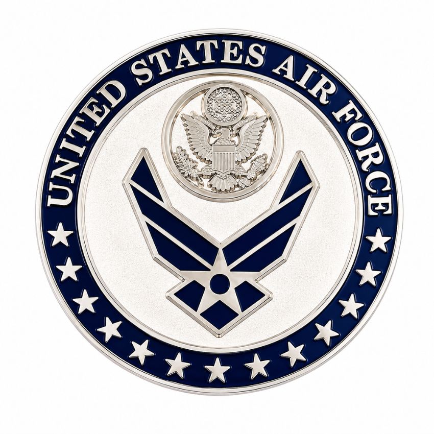 United States Air Force official emblem challenge coin, professional silver and blue corporate military gift design.