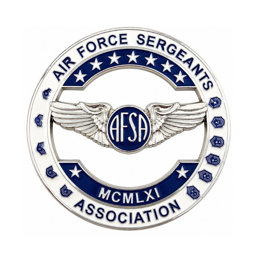 Air Force Sergeants Association cut-out challenge coin with AFSA winged logo, military rank insignia, and blue enamel accents.