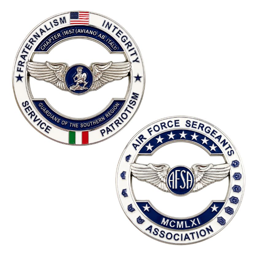 Front and back design of custom cut-out Air Force challenge coin showcasing AFSA and Aviano AB Chapter 1657 insignia.