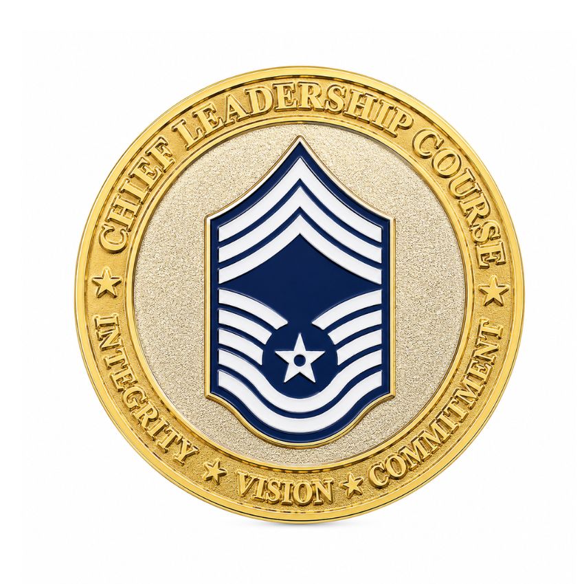 Gold Chief Leadership Course challenge coin featuring USAF rank insignia, ideal for military graduation and recognition.