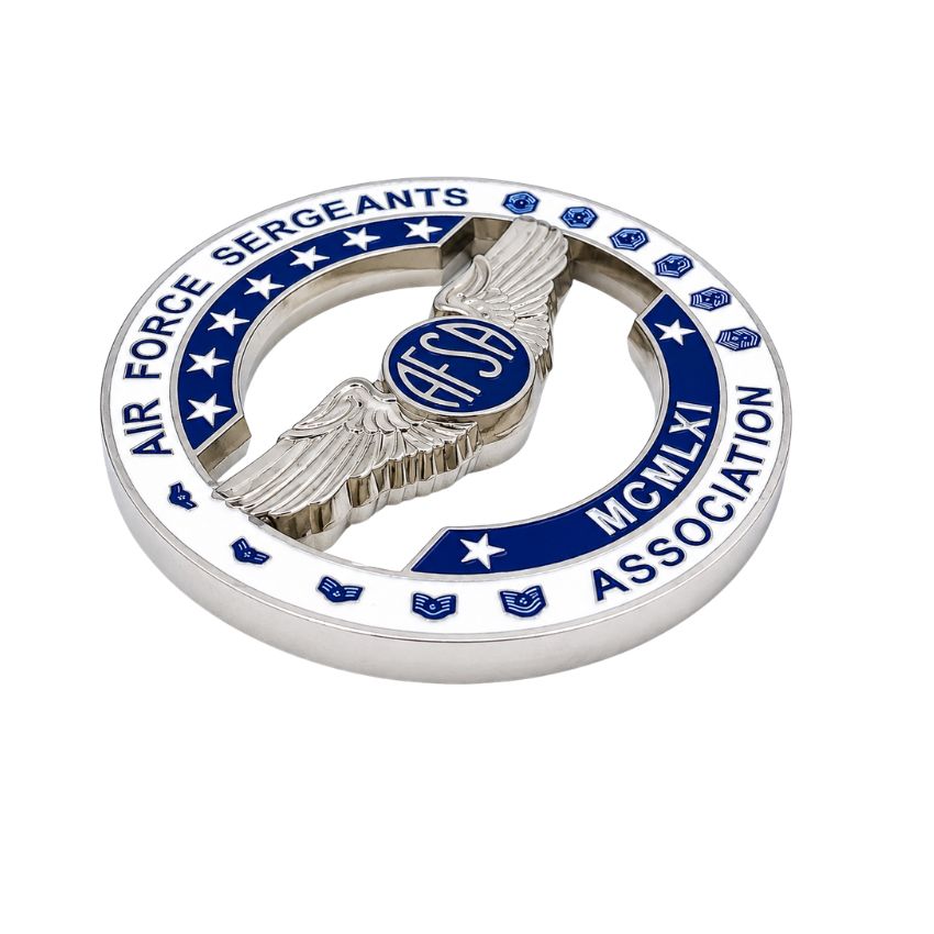 Angled view of custom AFSA challenge coin highlighting the 3D winged emblem, cut-out sections, and silver plating.