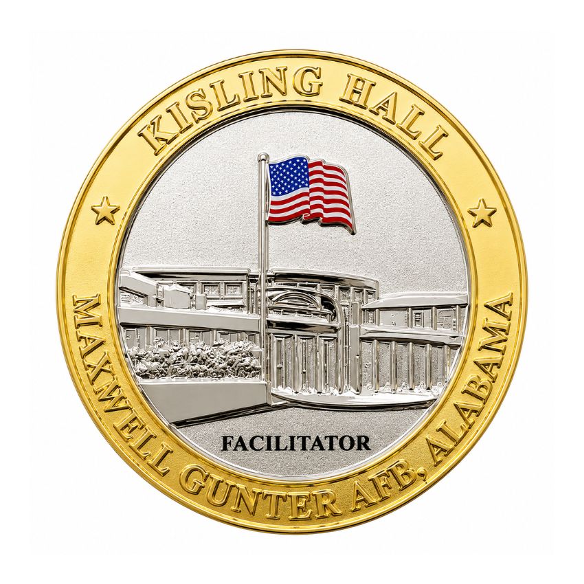 Custom military facilitator coin showcasing Kisling Hall Maxwell Gunter AFB Alabama with a 3D waving American flag.