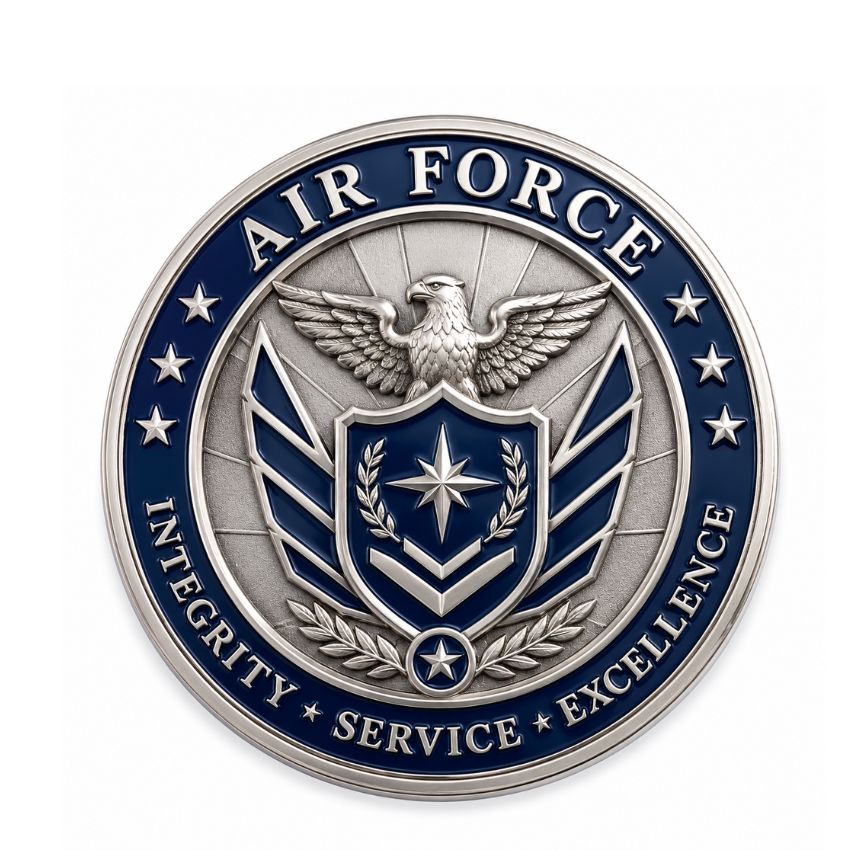 Custom US Air Force challenge coin featuring silver eagle, blue shield emblem, and core values integrity service excellence.