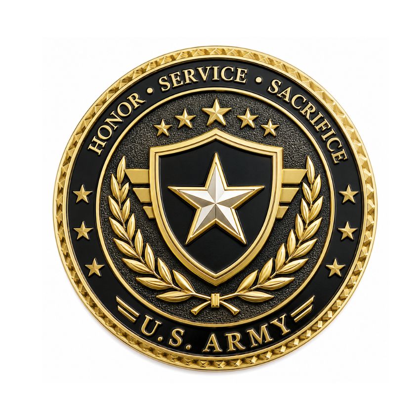 Custom US Army challenge coin in gold and black enamel, showcasing a central star shield, laurel wreath, and service honor.