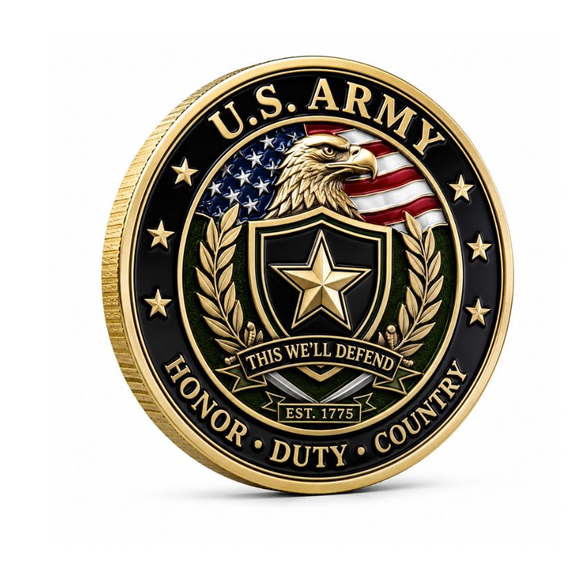 Custom US Army challenge coin featuring a 3D eagle head, American flag background, and historic motto This We'll Defend.