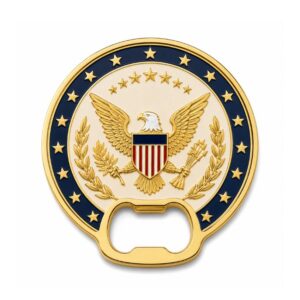Gold eagle seal custom challenge coin bottle opener with patriotic American flag shield design for military merchandise.