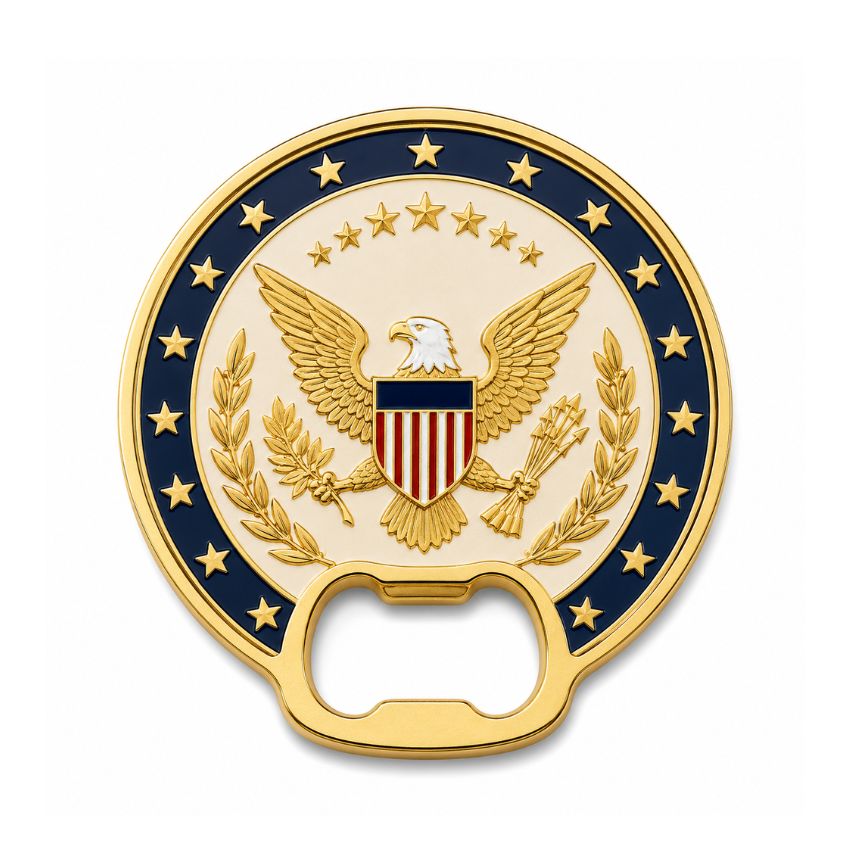 Gold eagle seal custom challenge coin bottle opener with patriotic American flag shield design for military merchandise.
