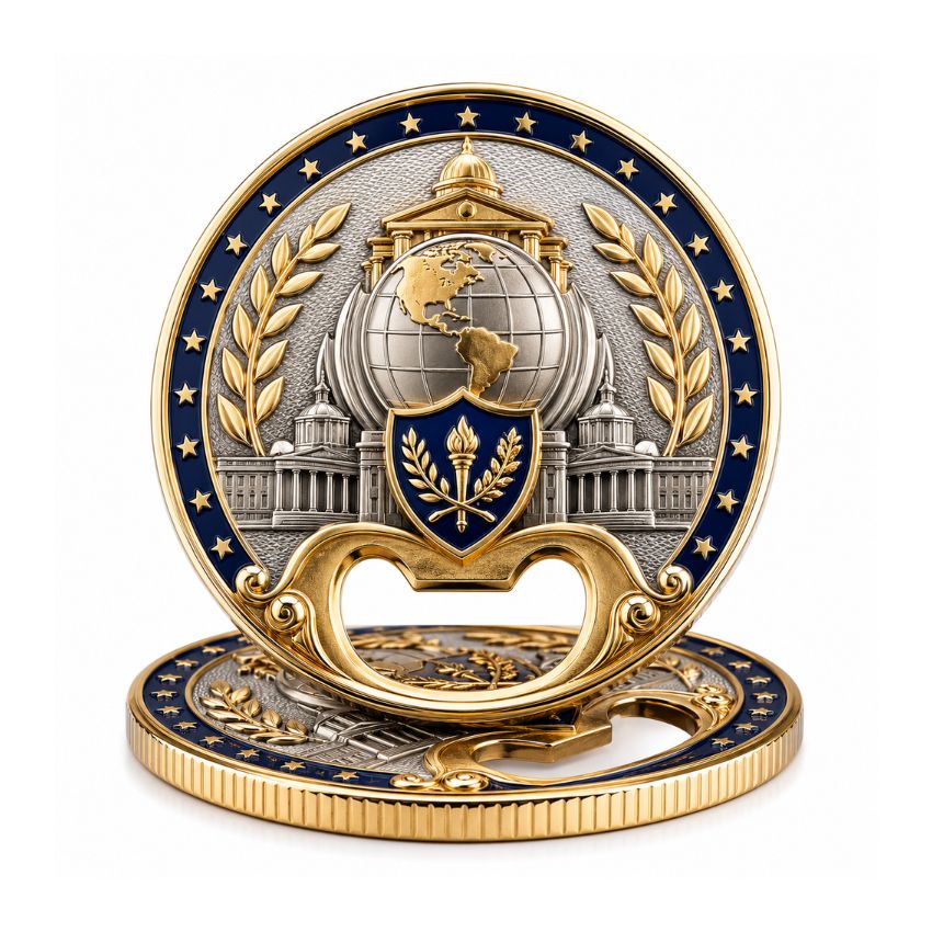 Premium gold and silver government challenge coin bottle opener with engraved world globe and US Capitol building.